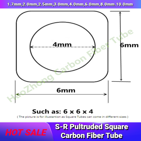 Pultruded Square Carbon Fiber Tube 1.7-10mm L500mm